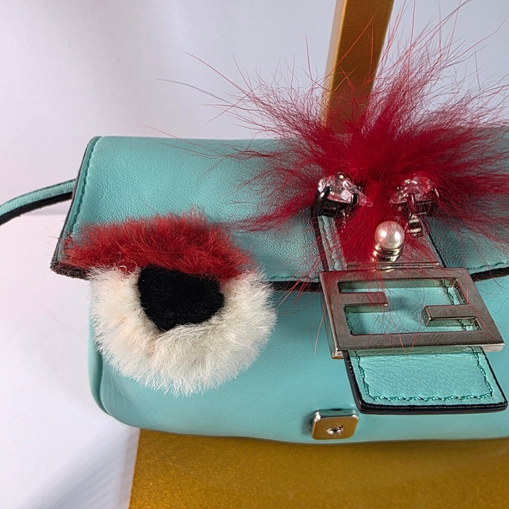 Fendi Monster Micro Baguette in Teal Blue and Red Fur Crossbody Bag - Picture 2 of 7